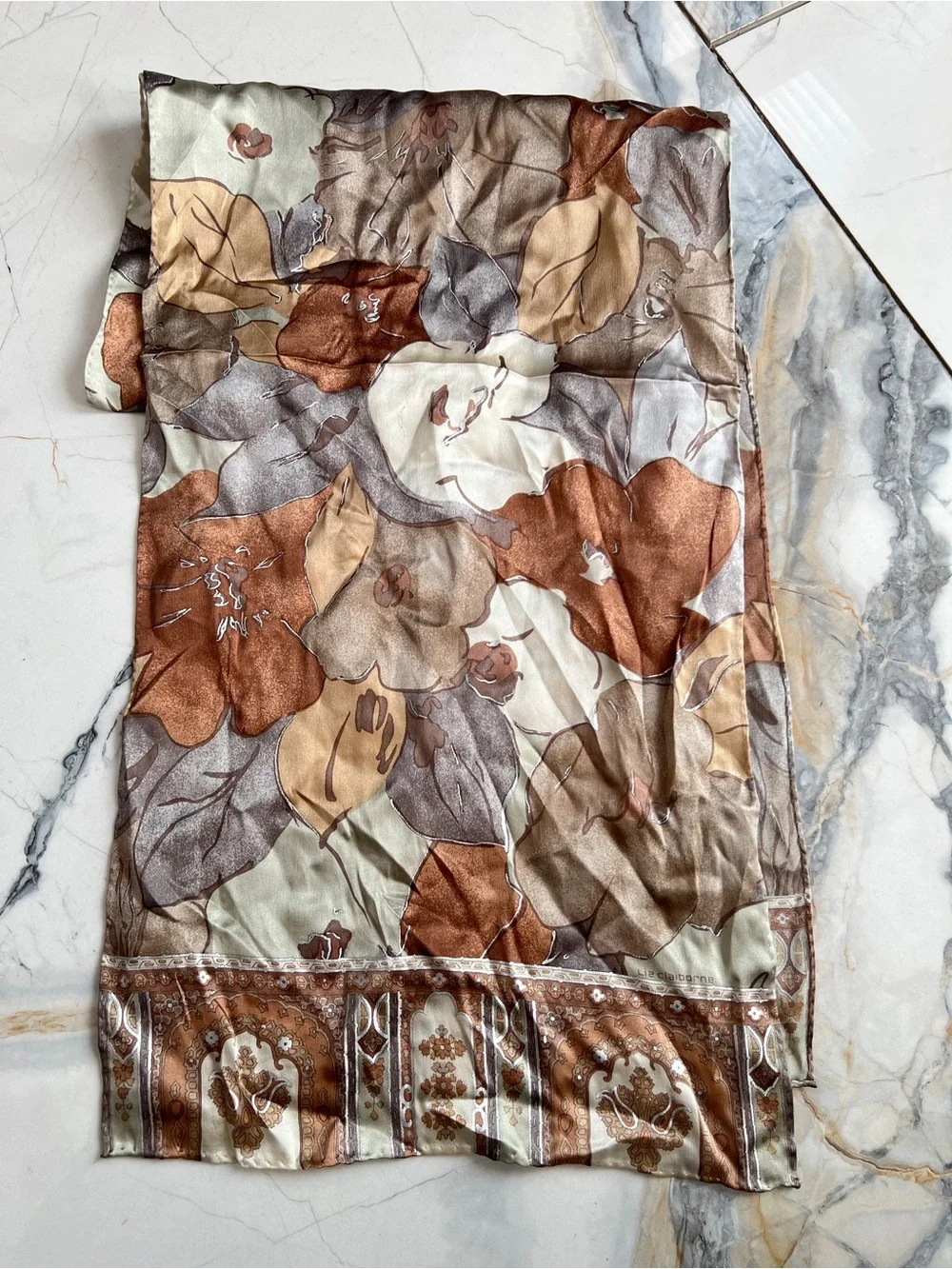 100% Silk Fall Themed Floral Print Scarf in Brown and Cream